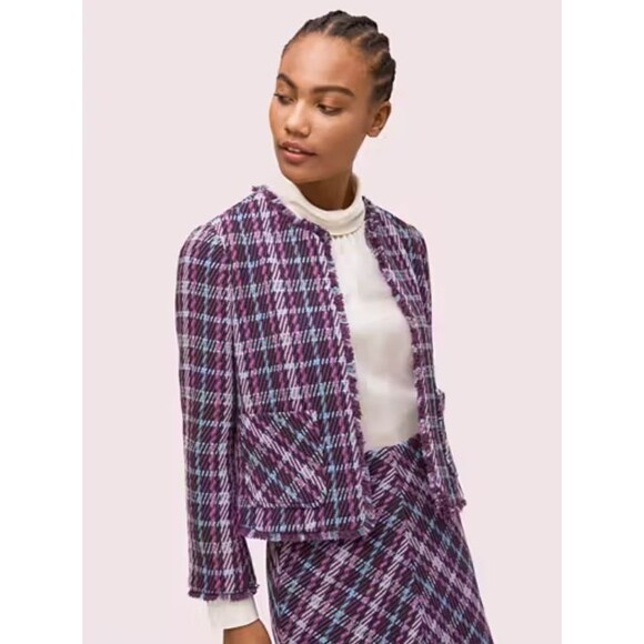 KATE SPADE Purple Plaid Tweed Jacket Office Preppy Clueless Academia SIZE 6